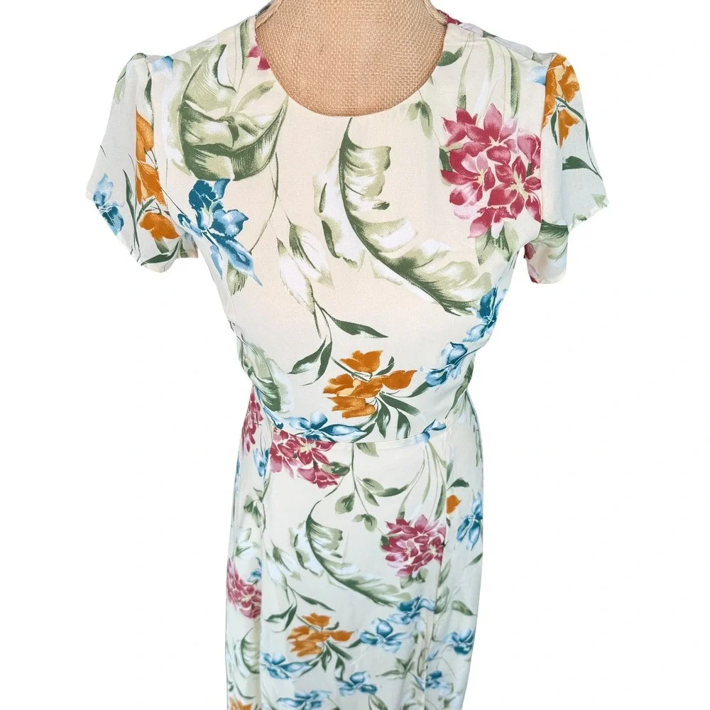 Lulus XS Floral Midi Dress Tie Back Slit‎ Tropical Summer Vacation